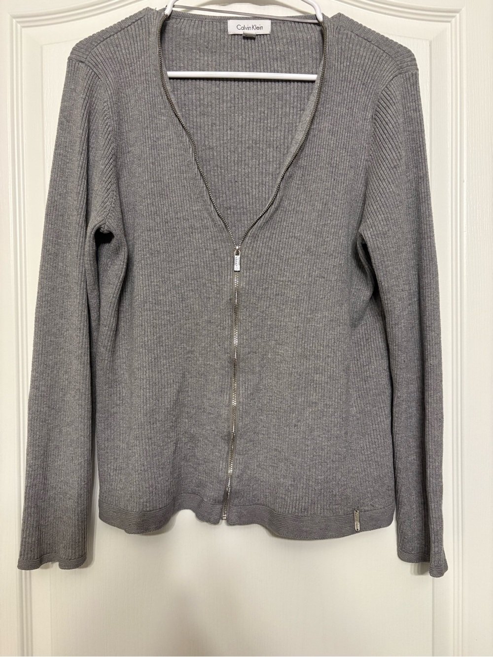 Calvin Klein Light Gray Ribbed Zip Cardigan